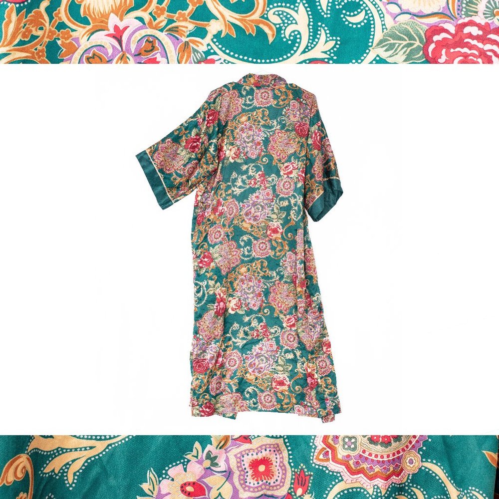 90s Silk Unique Floral Paisley Emerald Green Pink Red Gold Bohemian Bold Robe